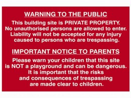 Scan Building Site Warning To Public And Parents - PVC 600 x 400mm £19.99